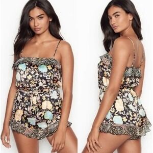 Victoria's Secret Romper Floral Print Ruffle Trim‎ Drawstring Spaghetti Strap